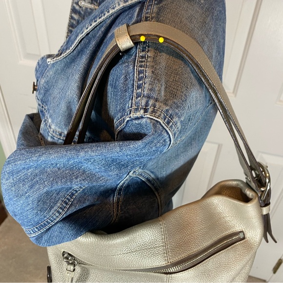 Coach metallic in soft neutral hobo bag. Zip top and side. Adjustable strap. - Picture 7 of 12